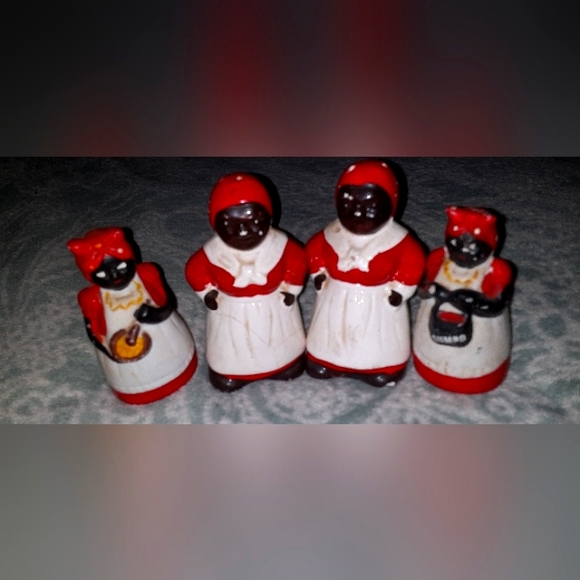 Black red & White Vintage Americana Salt, pepper, Shakers toothpick holder 1940' - Picture 1 of 6